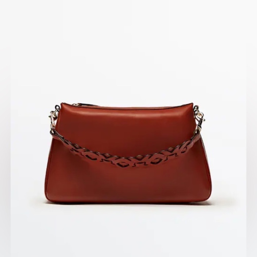 Nwt. Massimo Dutti Brown Leather Shoulder Bag With Interwoven Strap.